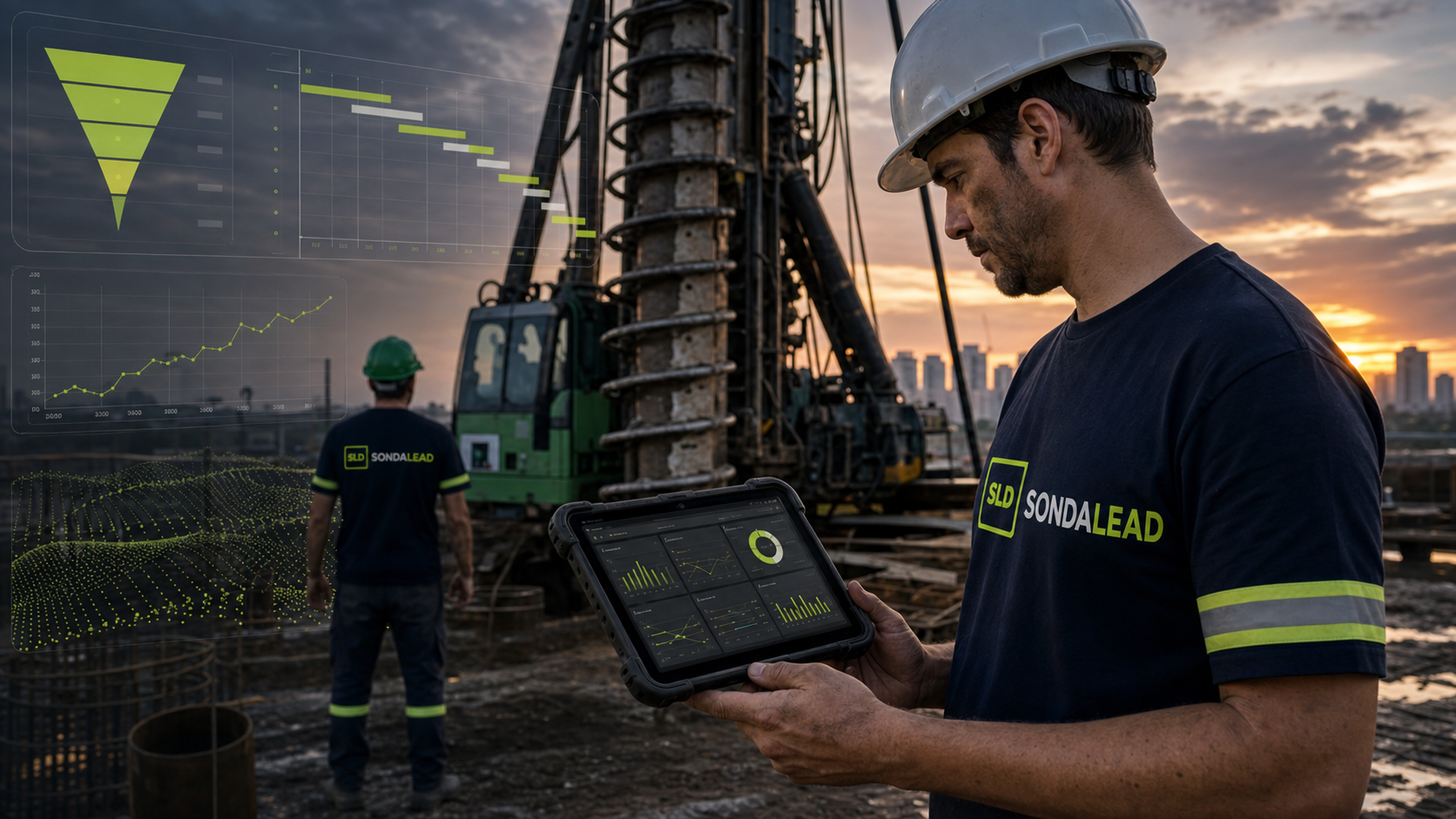 Engenheiro SONDALEAD em obra com tablet e logo na camiseta
