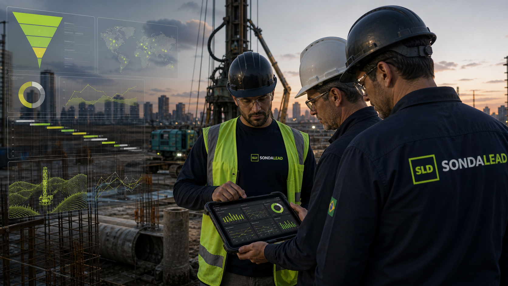Equipe SONDALEAD analisando dashboard em obra de fundações