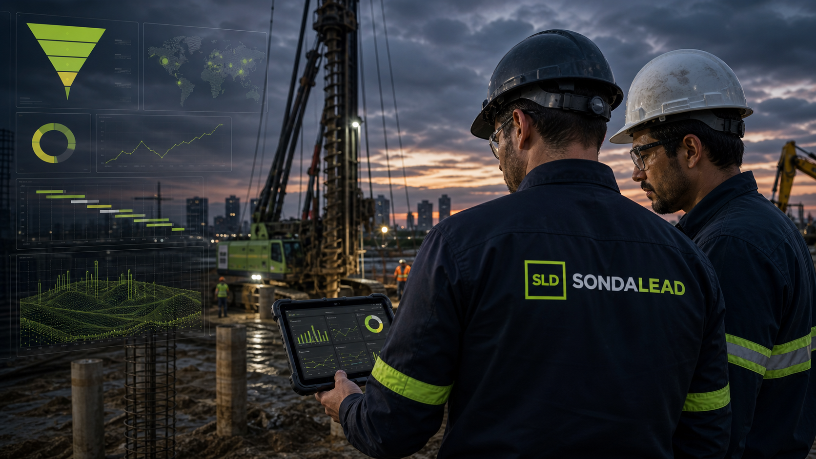 Dois profissionais SONDALEAD em obra com dashboard e logo no uniforme